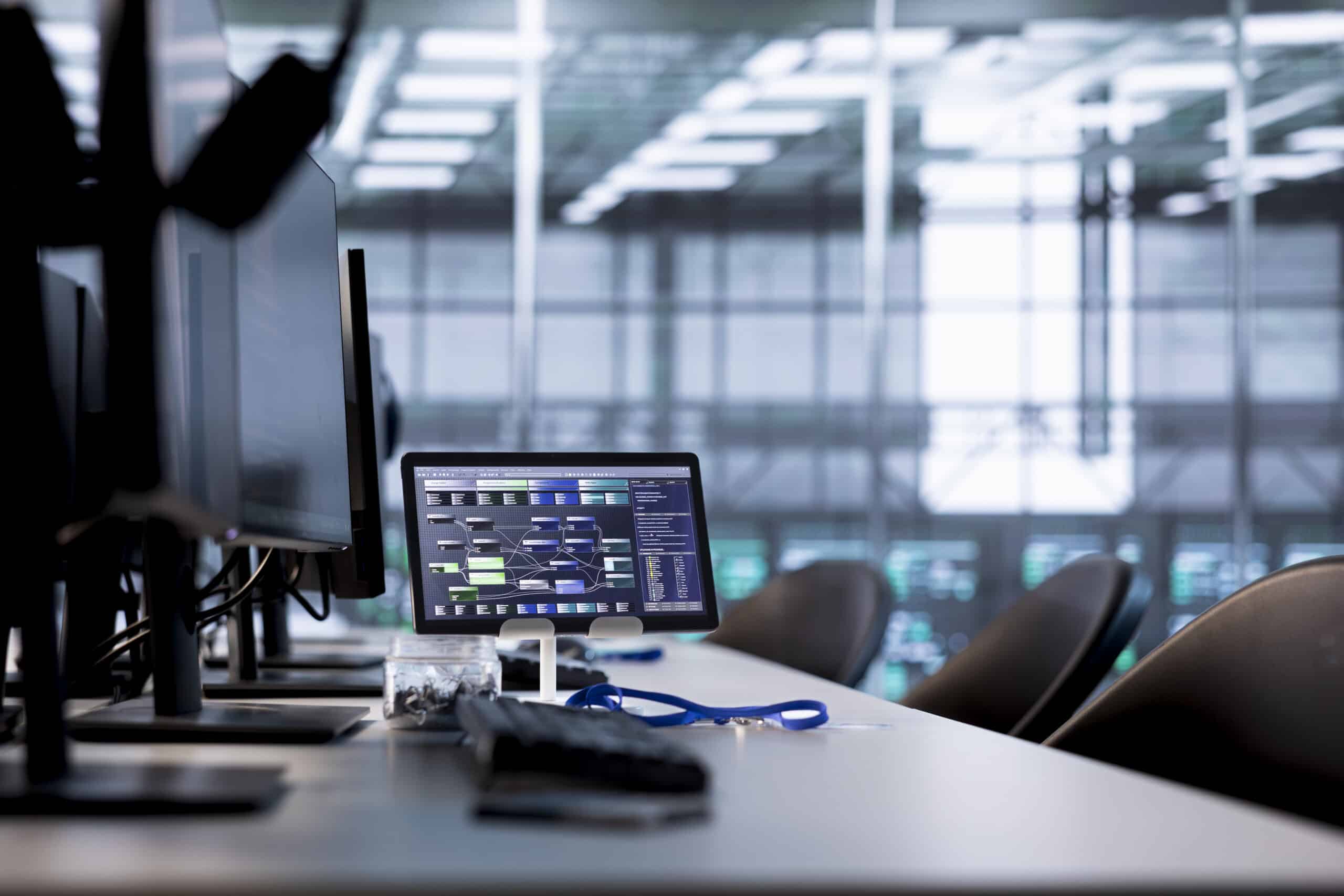Lines of code running on computer screens and tablet in data center, troubleshooting rackmounts in server rows. Computing script working on PC monitors upgrading hardware